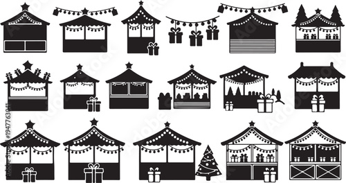 Black and white Christmas market stall icons set illustration
