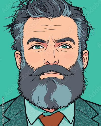 A man with a full beard looks directly at the viewer against a bright turquoise backdrop. He wears a suit and tie.