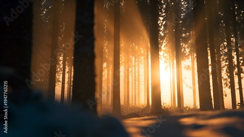 Warm sunlight streams through tall forest trees, casting ethereal glow and shadows on snowy ground