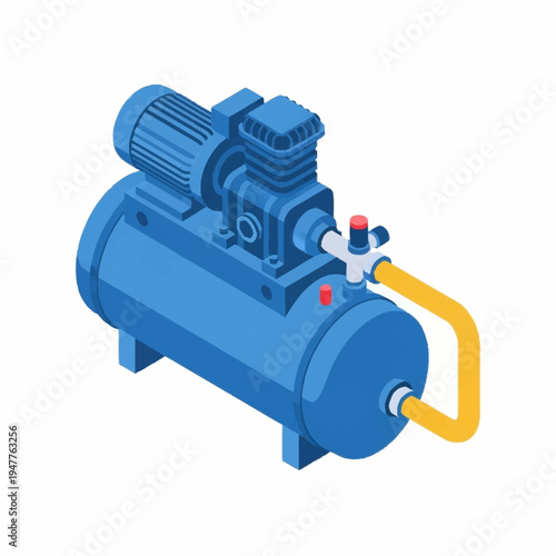 Isometric illustration of a blue air compressor with yellow hose.