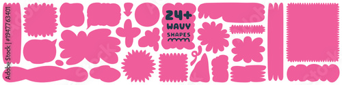 Curvy wavy hand drawn pink shapes set, irregular asymmetric wiggly banners. Starburst, flower, cloud text box collection, geometric banner templates Flat vector illustration isolated on transparent bg