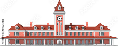 Isolated Vector Illustration of a Historic Red Brick Railway Station with a Central Clock Tower Dormer Windows and Classic Victorian Architecture for Vintage Travel Design