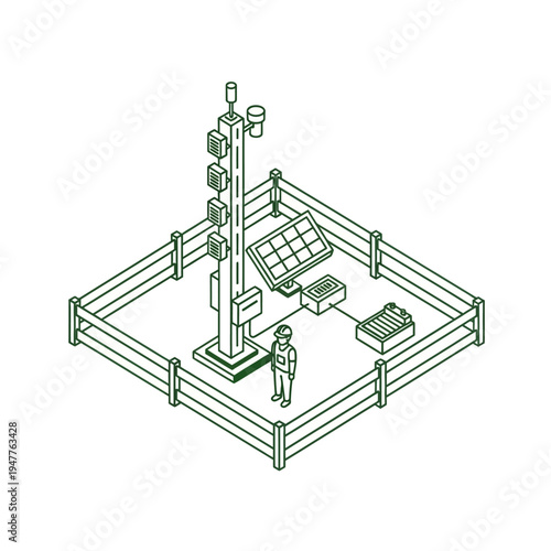 Isometric illustration of a weather station with a solar panel, battery, and a person standing nearby, enclosed by a fence.