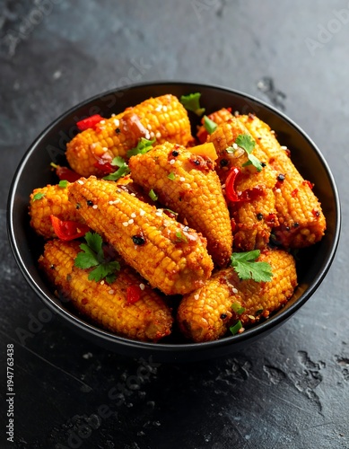 Close-up of a black bowl filled with seasoned baby corn. Red peppers, sesame seeds, and fresh green herbs are sprinkled on the pieces