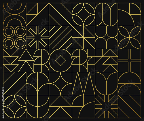 Outline abstract geometric background with Chinese New Year 2027. Numbers made of simple shapes in retro style in gold and black. Mosaic pattern for calendar. Vector EPS10