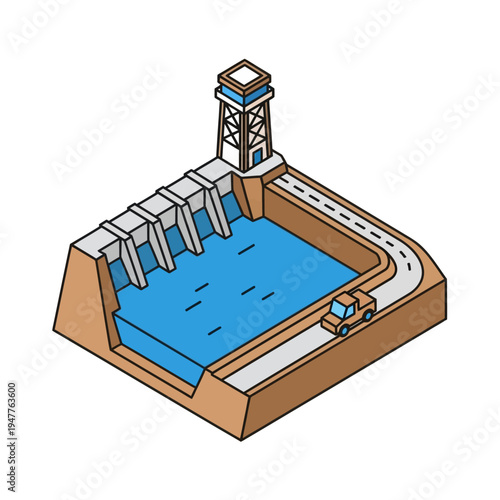 Isometric illustration of a hydroelectric dam with a control tower and a car driving on the road next to the reservoir.