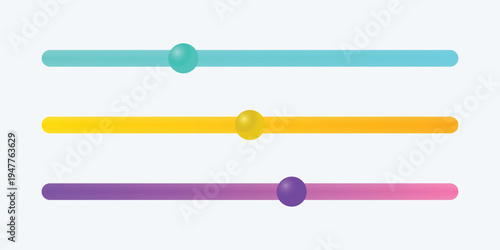 A colorful graphic design featuring three horizontal bars with spheres on a light gray background