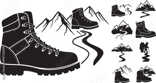 Hiking Boots and Mountains Icon Set for Adventure Travel