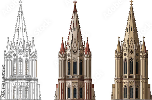 Gothic cathedral church tower spire architectural illustration set showing three stages including black and white line art sketch, flat color design, and detailed digital painting rendering.