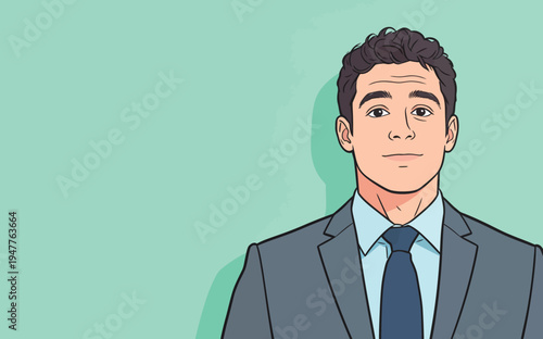 A man stands straight in a suit with a tie. He faces the viewer against a light green background. His expression is neutral and professional.