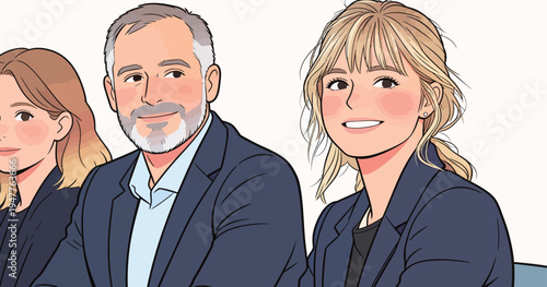 Three people sit together at a table and participate in a discussion in a meeting room during the morning.