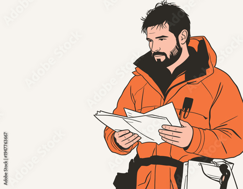 A worker stands outside in winter clothing, holding papers and looking at them closely in a city during the day.