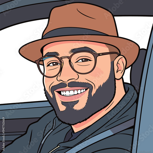 A man with glasses and a hat smiles while sitting inside a car. The scene shows a city setting during daylight.