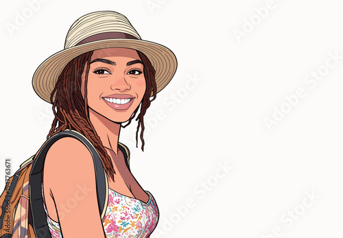 A woman is smiling while wearing a hat and carrying a backpack. She has long hair styled in braids. The scene appears bright.