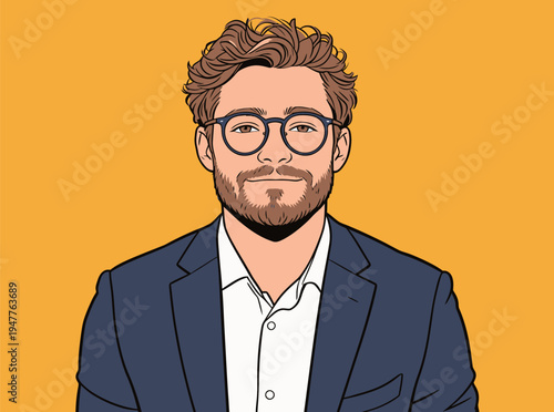 A man in formal dress sits with glasses on. He has a beard and curly hair. The background is bright yellow. The setting appears casual.