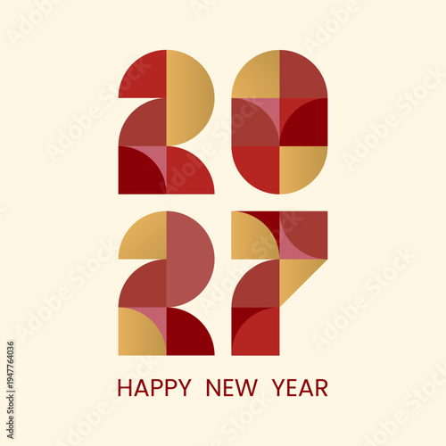 Square abstract geometric postcard with Chinese New Year of goat, sheep 2027.  Mosaic numbers made of simple shapes in retro style in red, pink, yellow and gold. Vector EPS10