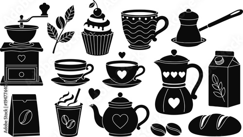 Black Coffee Icons Set Featuring Vintage Grinder Moka Pot Teapot Cupcake and Espresso Cups Silhouettes Isolated on White Background for Cafe Menu Design Elements