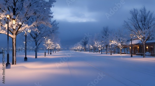 Snowy avenue under moody twilight with illuminated streetlamps and leafless trees lining the path
