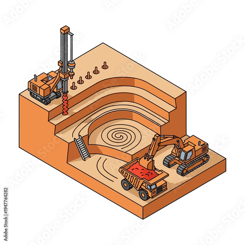 Isometric illustration of an open-pit mine with heavy machinery, including a drill rig, excavator, and dump truck, excavating earth and minerals.