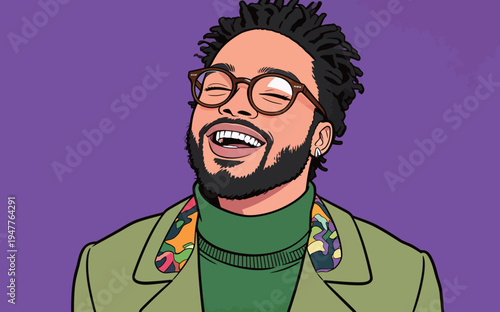 A man is laughing and enjoying himself in front of a purple background. He wears a colorful jacket and glasses.