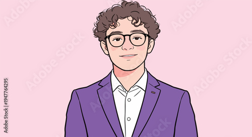 A young person stands and smiles while wearing a purple suit and white shirt with a pink background behind them.