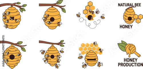 Beehive and Honey Production Illustration Set Featuring Bees, Hive, Honeycomb, and Natural Honey Icons for Organic Farming, Beekeeping, and Agriculture Designs