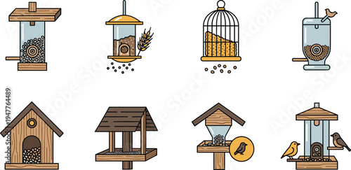 Bird Feeder and Birdhouse Illustration Set Featuring Wooden Feeders, Seeds, and Birds for Nature, Wildlife, and Gardening Designs