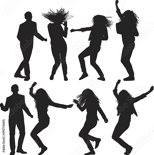 Black silhouettes of happy people dancing and jumping in party set isolated on white background for celebration event music festival and clubbing posters