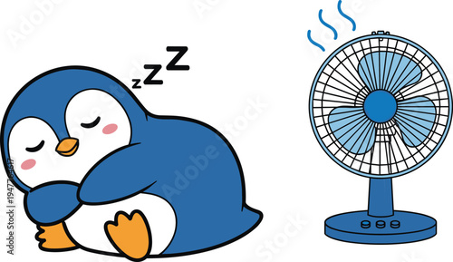 Cute blue penguin cartoon character sleeping peacefully with a desk fan blowing cool air to stay comfortable during hot summer weather in flat vector style
