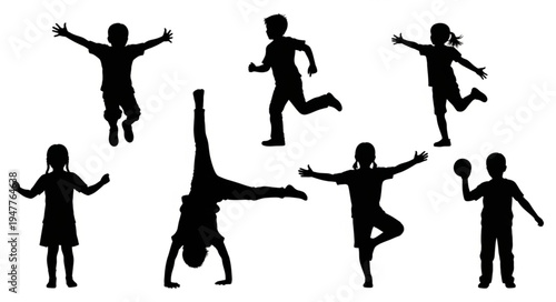 Silhouettes of children playing outdoors.