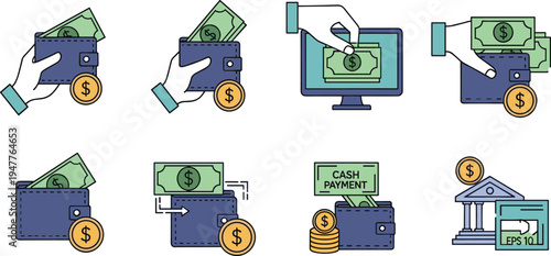 Cash Payment and Digital Transaction Icon Set with Wallets, Coins, Bills, and Bank Symbols for Financial, E-commerce, and Banking Designs
