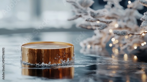 Golden cylinder on icy surface with frosted branches and warm lights in a wintry setting