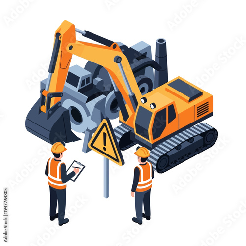 Construction site with excavators, workers, and safety signs, illustrating heavy machinery and site management.