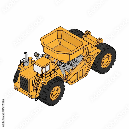 Isometric view of a yellow earthmover scraper vehicle with a large hopper and robust tires, designed for heavy-duty construction and excavation tasks.
