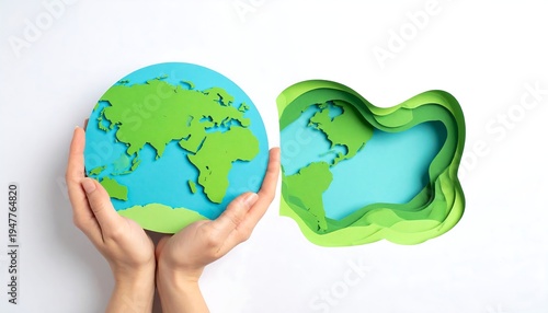 A person cradling a globe with a green and blue continent-shaped object