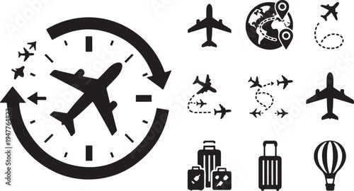Travel and transportation icons with airplane and clock symbols