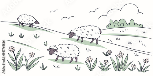 Three sheep grazing on a grassy hillside with flowers and birds flying overhead Vector