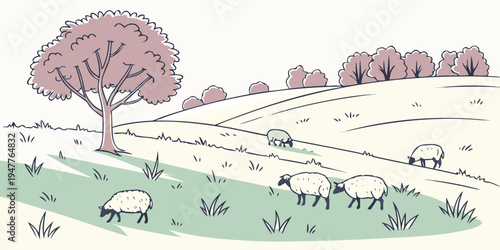 A flock of sheep grazing in a green field with a tree Vector