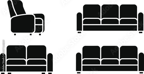 Black Vector Sofa and Armchair Icons Set Isolated on White Background for Interior Design Furniture Store Catalog Living Room Layout and Home Decor Illustration