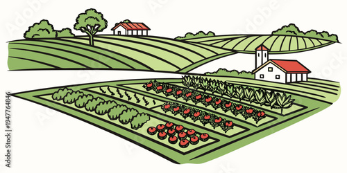 A farm with a house and a field of red flowers Vector