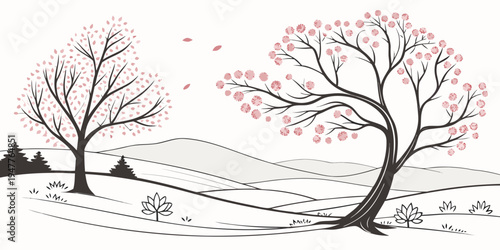 A winter landscape with two trees and red leaves Vector