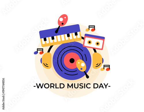 World Music Day concept. Celebrating the diversity of music and musicians around the world. Music festivals, concerts, events. Illustrations of vinyl records, digital pianos, cassette tapes, maracas. 