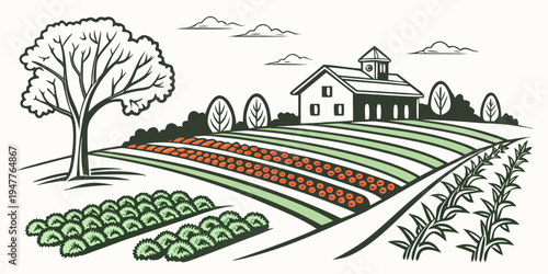 A farm with a house and a garden Vector