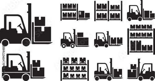 Forklift icons and warehouse storage silhouettes in black set