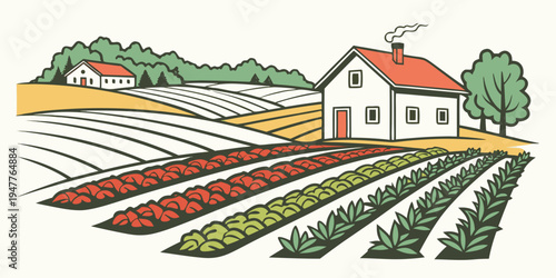 A farm with a house and rows of flowers and crops Vector