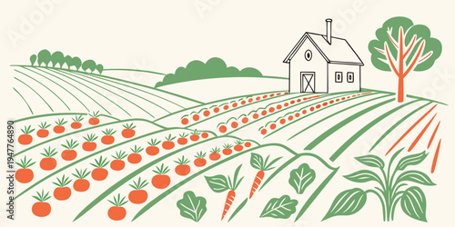 A house surrounded by a lush garden with rows of vegetables Vector
