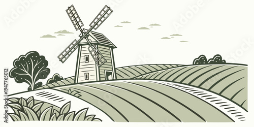 A windmill on a hill overlooking a field Vector