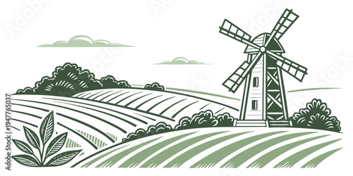 A windmill standing in a field with rows of crops Vector