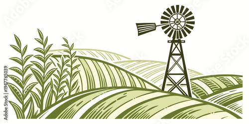 A windmill standing in a field with green crops Vector
