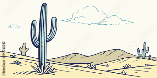 A desert landscape with a large cactus Vector